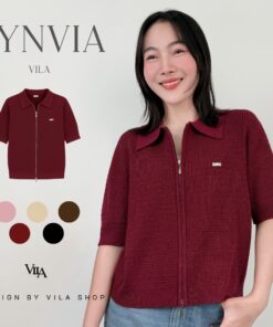 VILA |  LYNVIA  VL108 เสื้อไหมพรมคอปกแขนสั้นซิปหน้า VILA